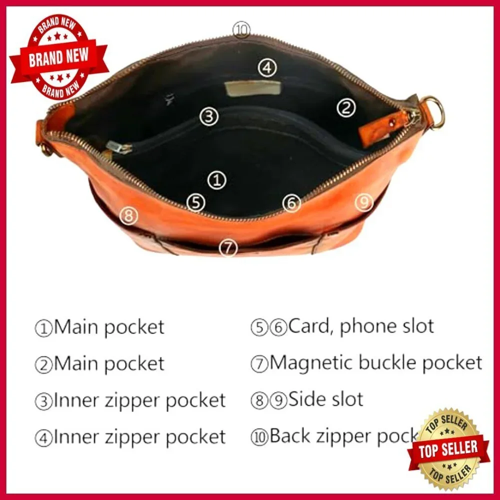 Genuine Leather Hobo Crossbody Bag Adjustable Strap Multiple Pockets